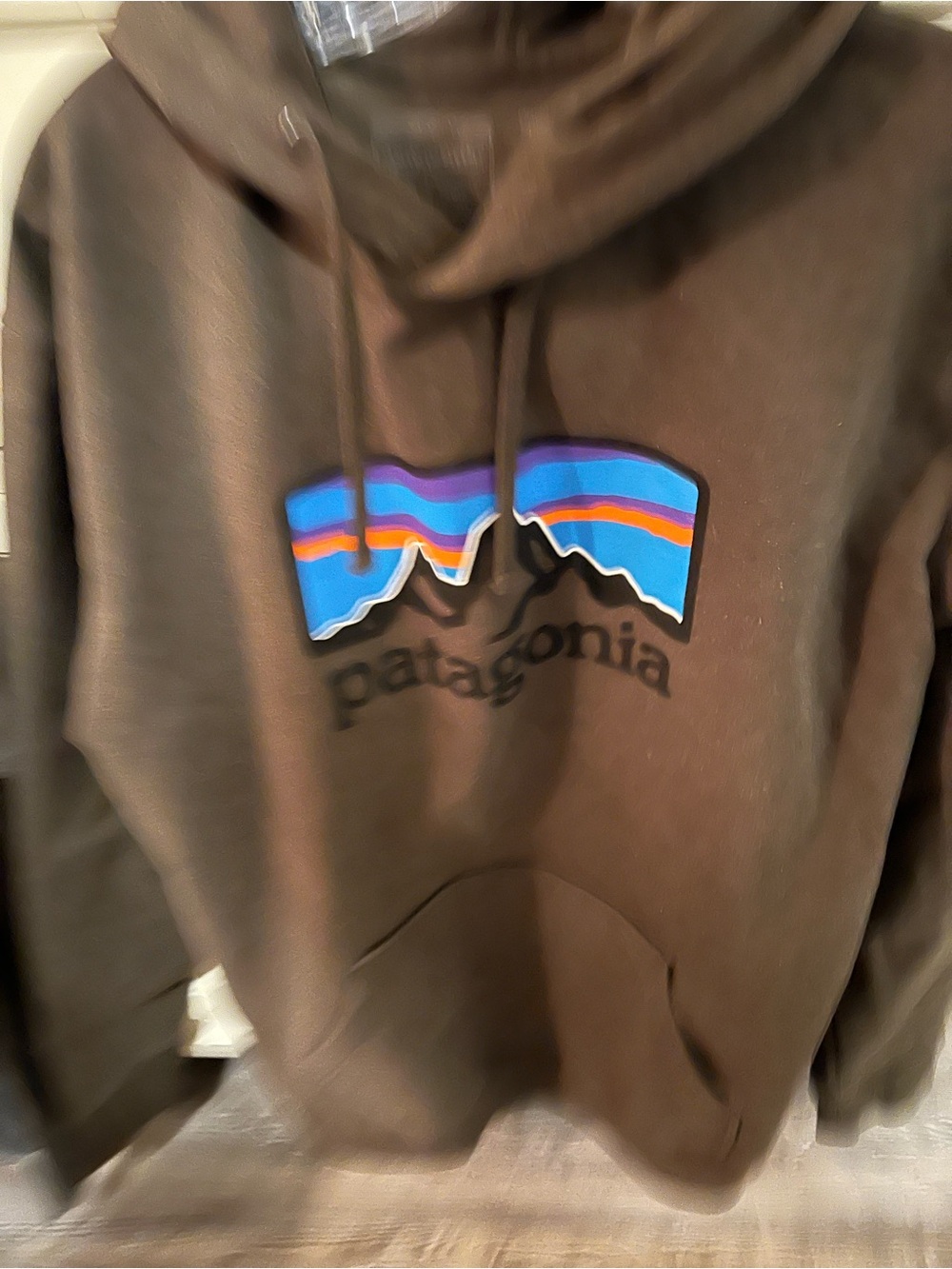 Patagonia Men’s Brown Pullover Hoodie with Blue & Orange Logo